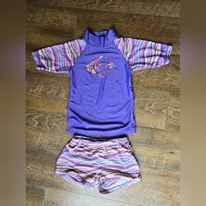 Purple Striped Kids Rashguard Set with Fish Design